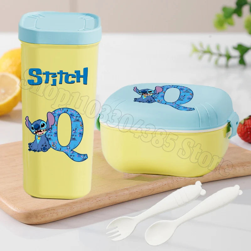 Stitch Lunch Box Water Cup Spoon Fork Set Disney Cute Letter A-Z Food Containers Bottle Tableware Kids School Bento Cases Gift