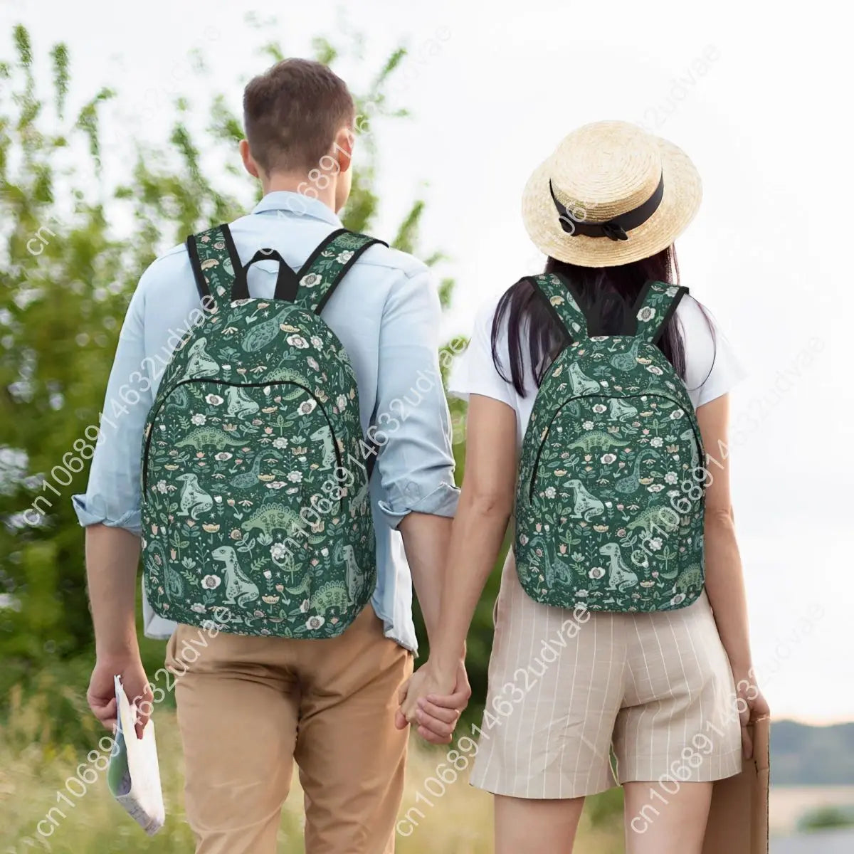 Green Floral Dinosaur Canvas Backpack