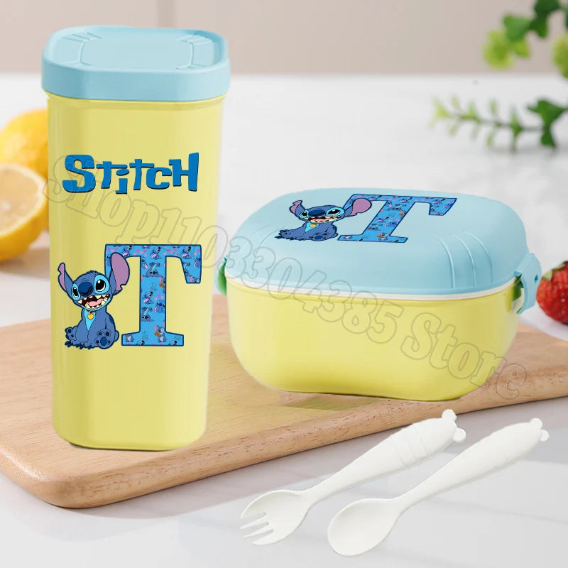 Stitch Lunch Box Water Cup Spoon Fork Set Disney Cute Letter A-Z Food Containers Bottle Tableware Kids School Bento Cases Gift