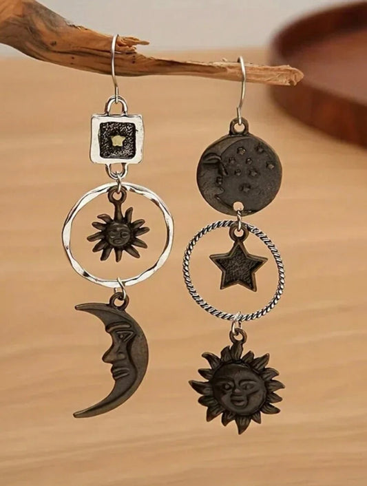 Retro Moon & Sun Long Pendant Earrings