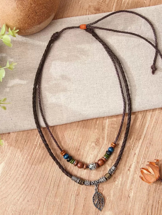 Bead Decor Leaf Charm Layered Necklace