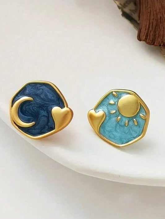 Vintage Drip Oil Blue Star Moon Sun Bohemian Personality Earrings
