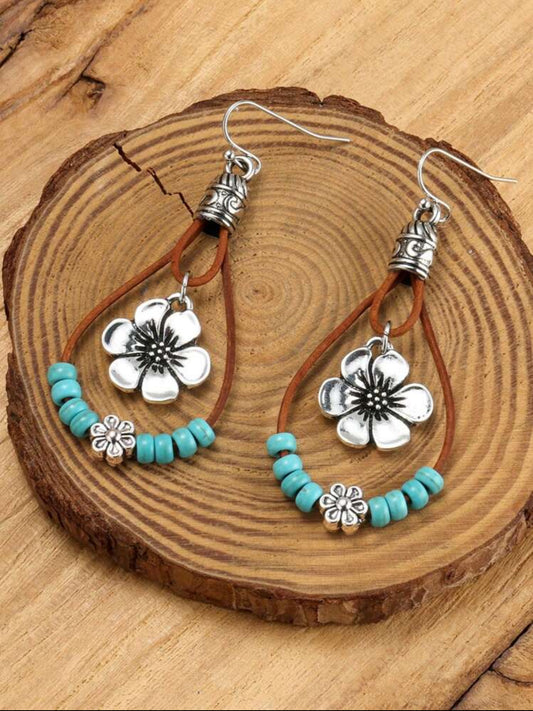 Bohemian Style Alloy Plum Blossom Pendant with Turquoise Beads, Double Layer Dangle Earrings, Vintage Fashionable Jewelry Gift for Women
