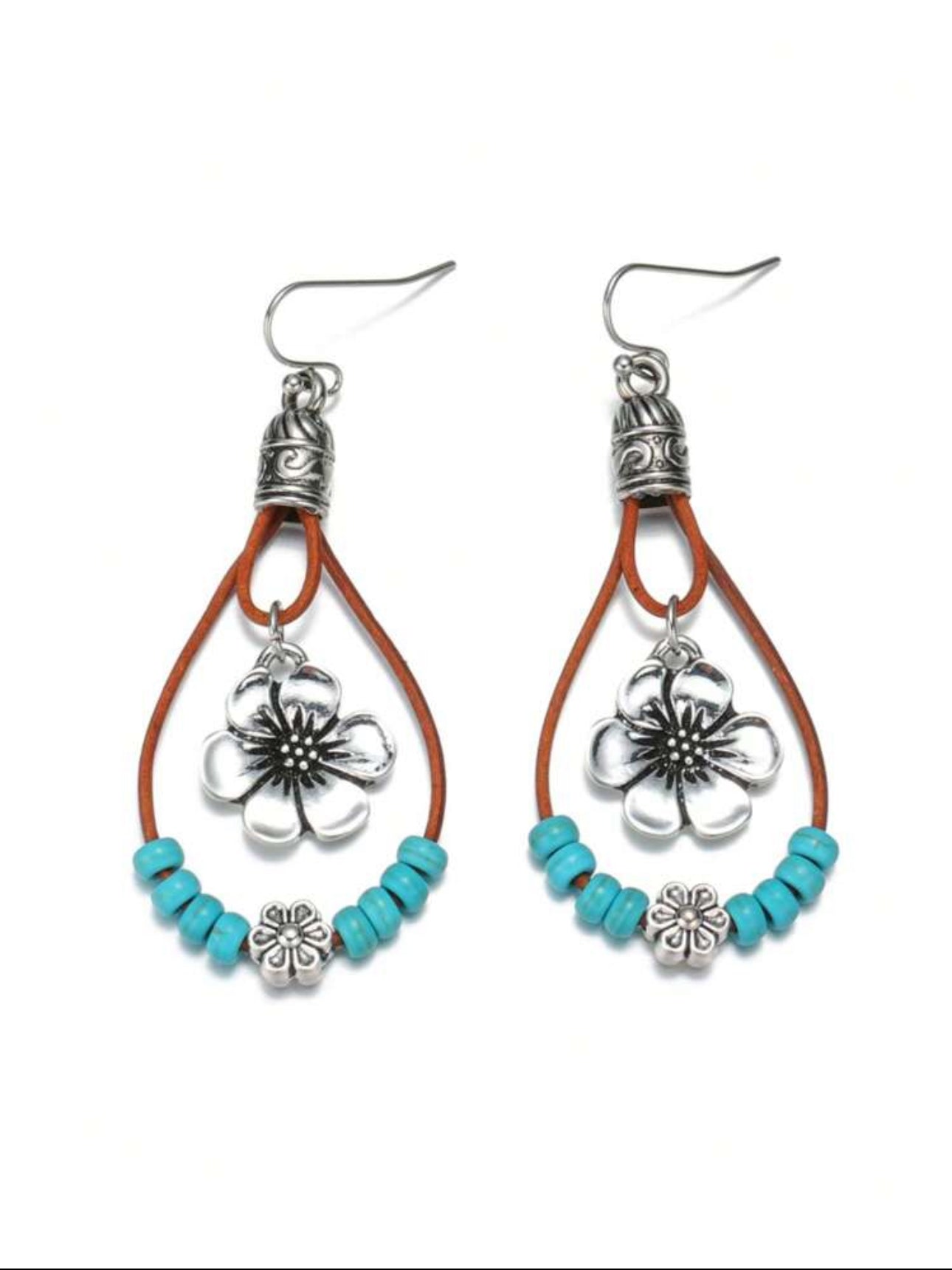 Bohemian Style Alloy Plum Blossom Pendant with Turquoise Beads, Double Layer Dangle Earrings, Vintage Fashionable Jewelry Gift for Women