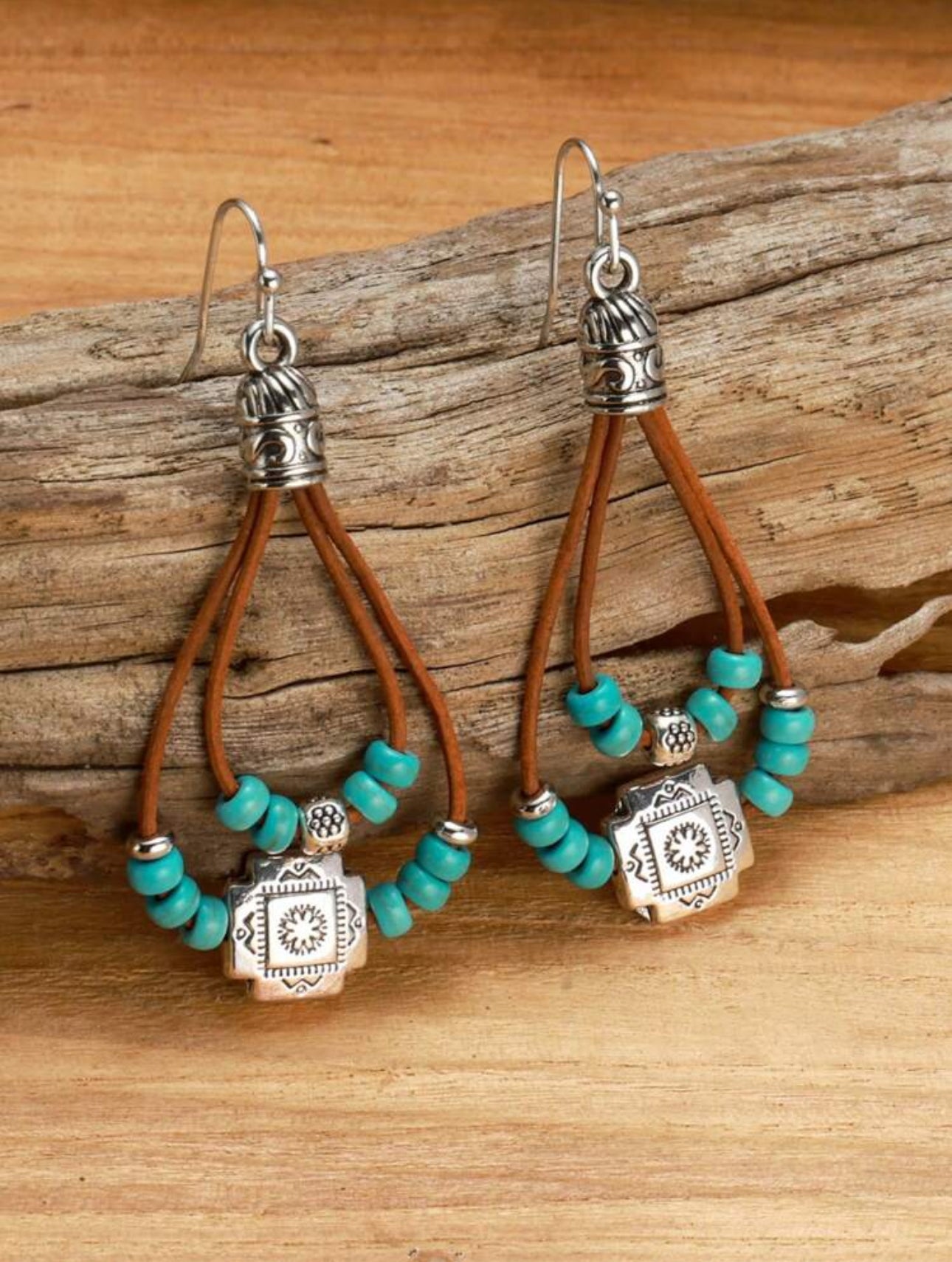 Bohemian Style Alloy Plum Blossom Pendant with Turquoise Beads, Double Layer Dangle Earrings, Vintage Fashionable Jewelry Gift for Women