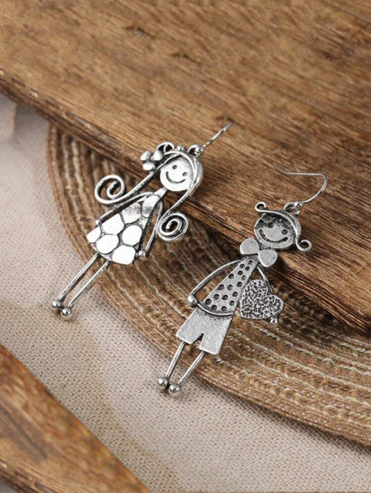 Tiny Happy Boy and Girl Dangling Earrings - Silvery Color