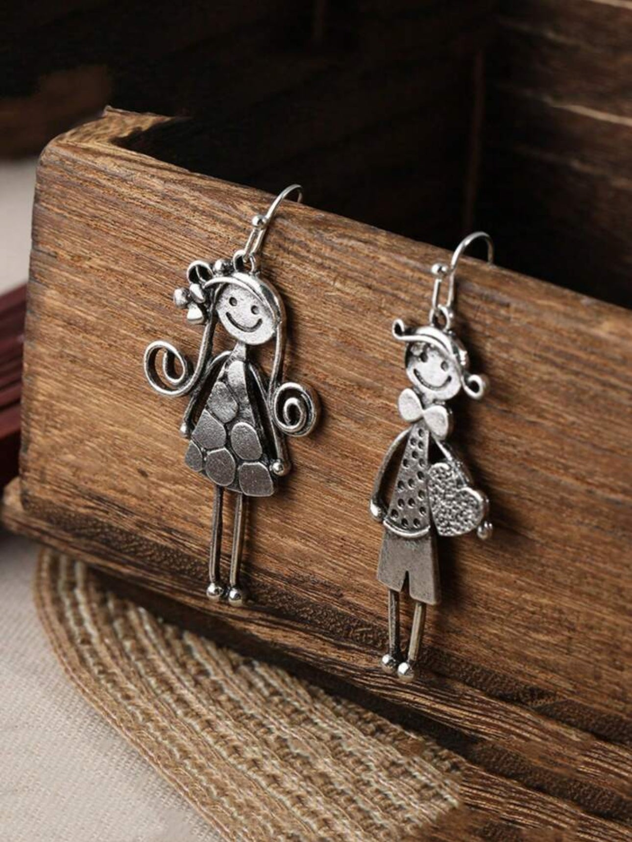 Tiny Happy Boy and Girl Dangling Earrings - Silvery Color