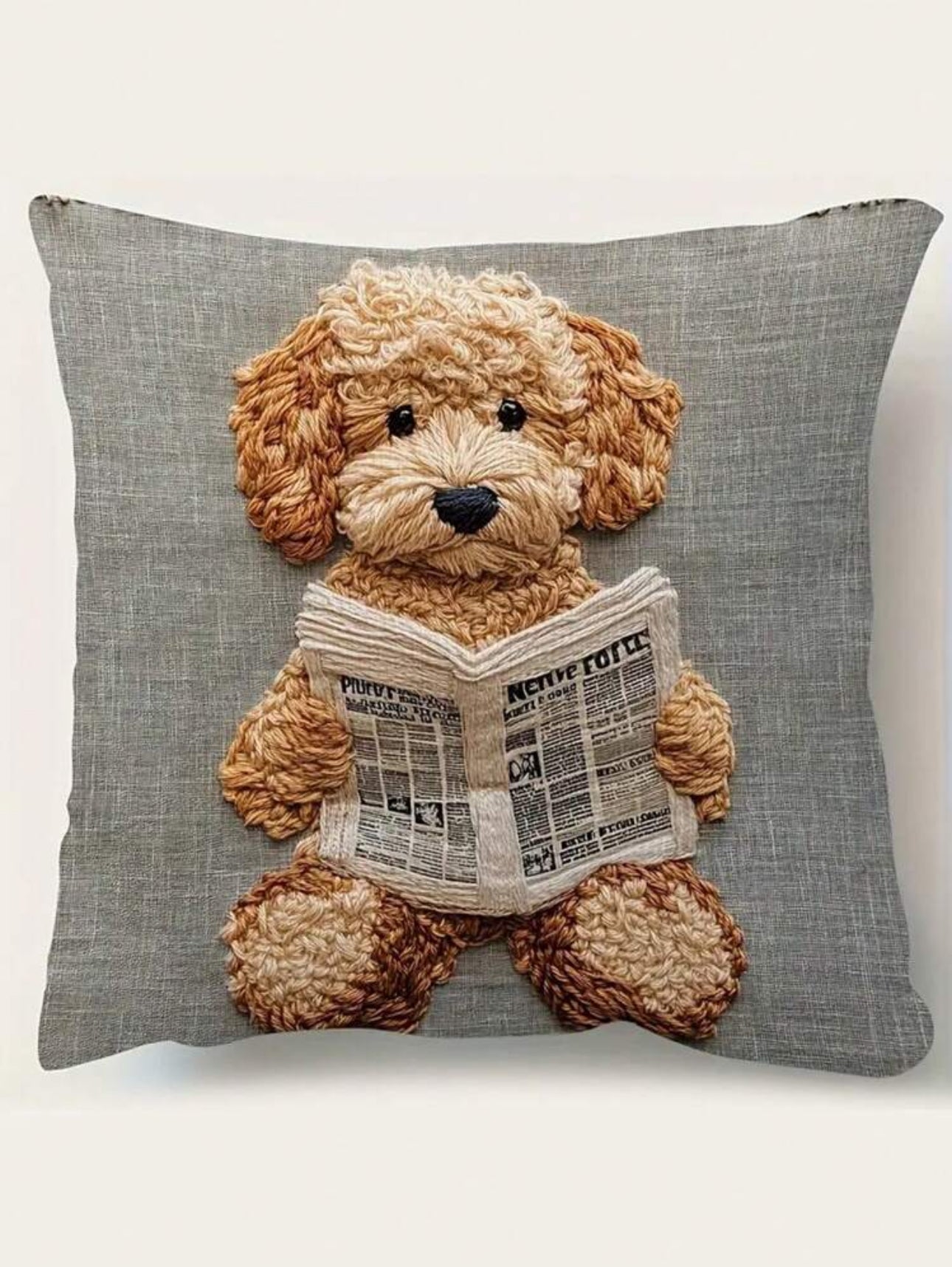 Contemporary Teddy Dog Reading Newspaper Pillow Cover - 2 Pieces/Pack