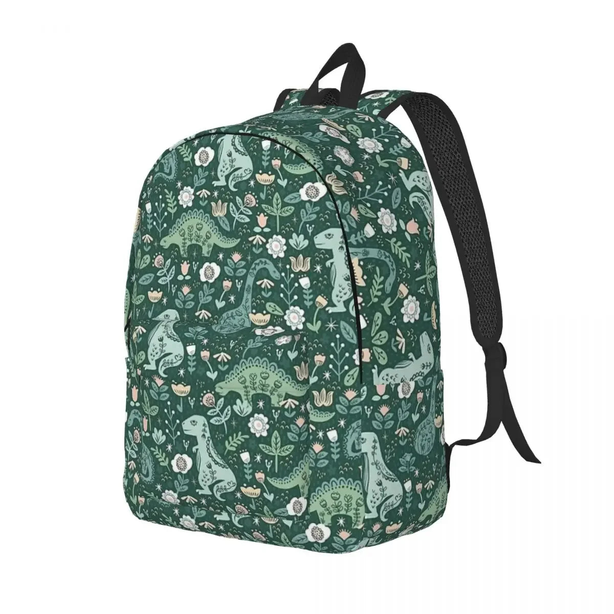 Green Floral Dinosaur Canvas Backpack