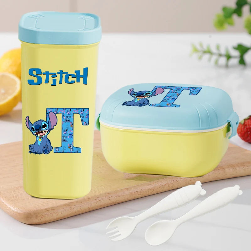 Stitch Lunch Box Water Cup Spoon Fork Set Disney Cute Letter A-Z Food Containers Bottle Tableware Kids School Bento Cases Gift