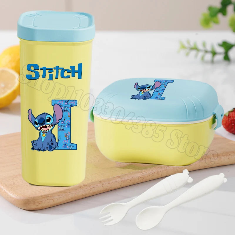 Stitch Lunch Box Water Cup Spoon Fork Set Disney Cute Letter A-Z Food Containers Bottle Tableware Kids School Bento Cases Gift