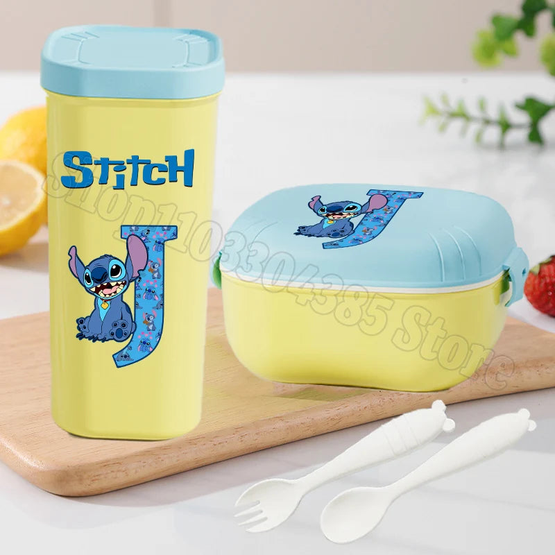Stitch Lunch Box Water Cup Spoon Fork Set Disney Cute Letter A-Z Food Containers Bottle Tableware Kids School Bento Cases Gift
