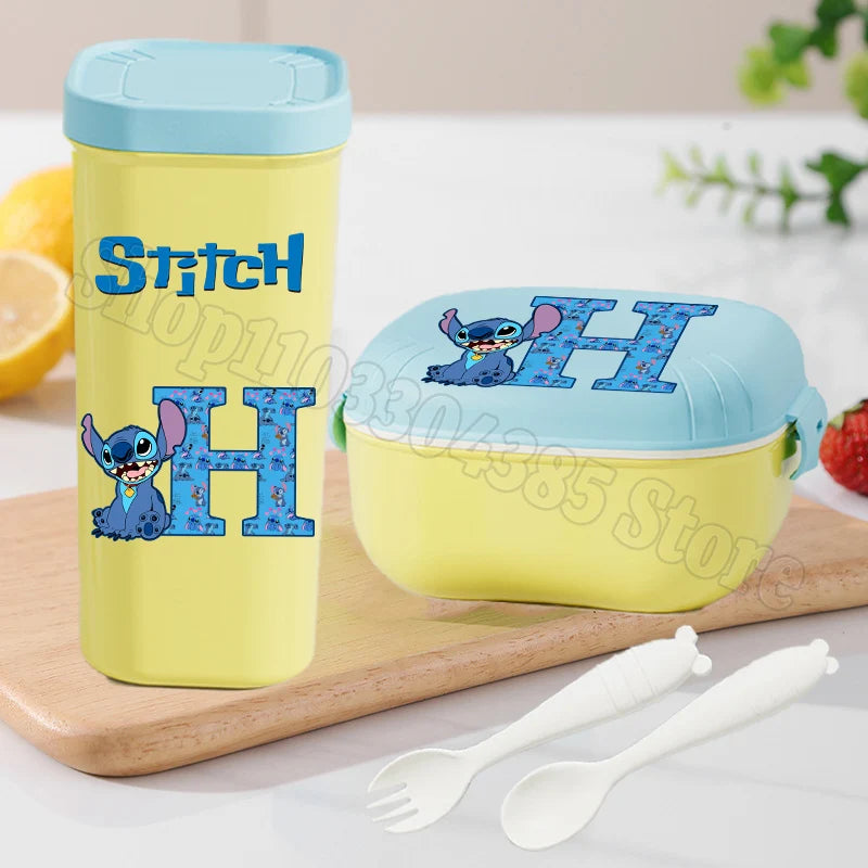 Stitch Lunch Box Water Cup Spoon Fork Set Disney Cute Letter A-Z Food Containers Bottle Tableware Kids School Bento Cases Gift