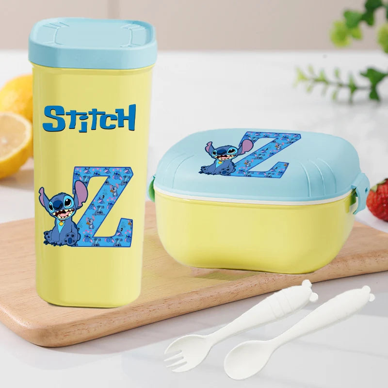 Stitch Lunch Box Water Cup Spoon Fork Set Disney Cute Letter A-Z Food Containers Bottle Tableware Kids School Bento Cases Gift