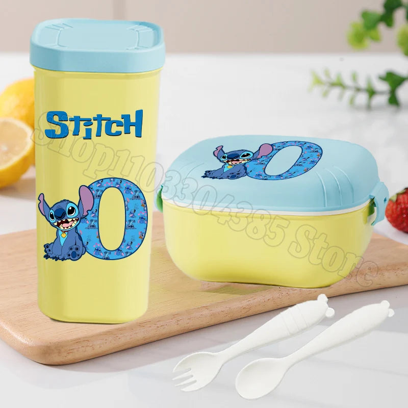 Stitch Lunch Box Water Cup Spoon Fork Set Disney Cute Letter A-Z Food Containers Bottle Tableware Kids School Bento Cases Gift