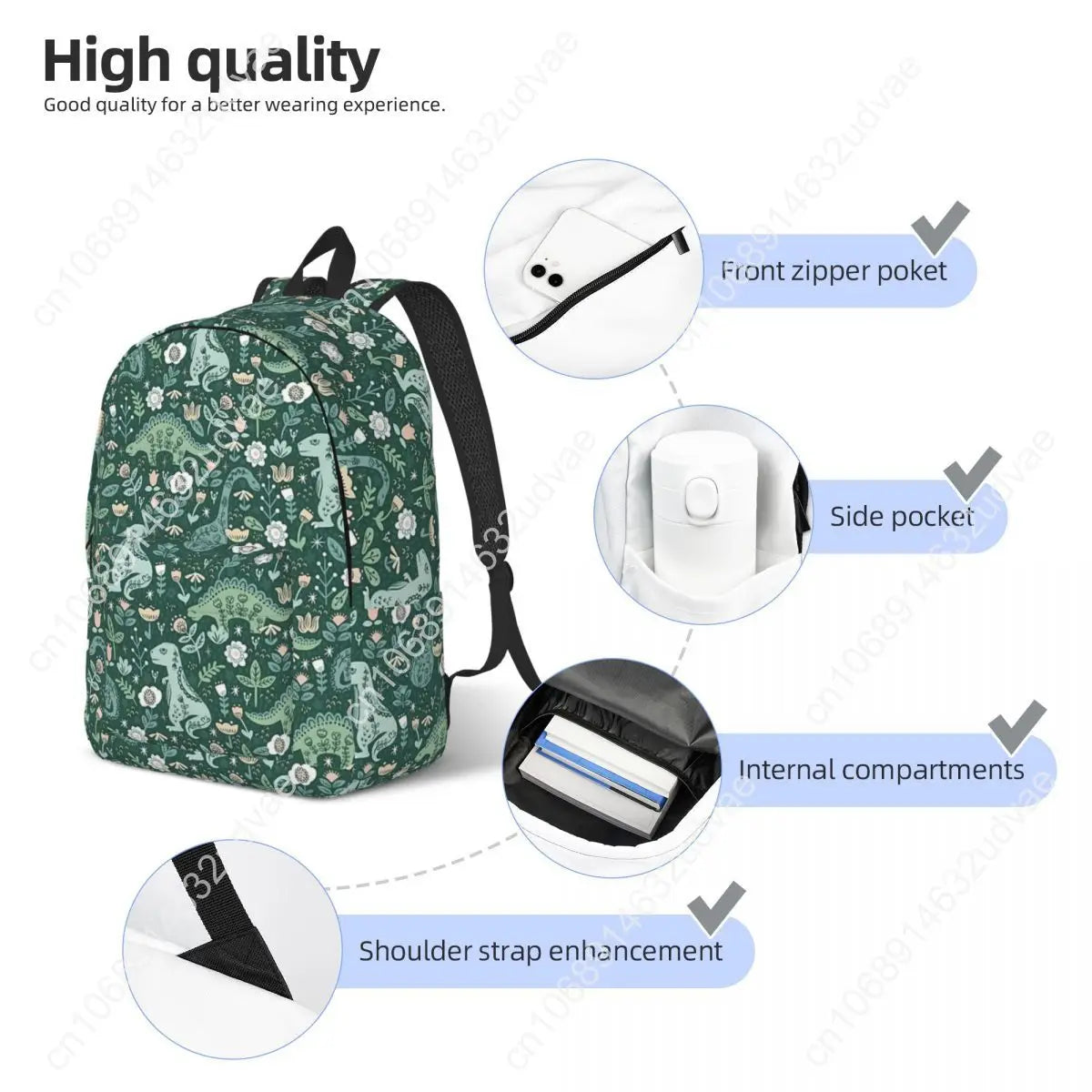 Green Floral Dinosaur Canvas Backpack