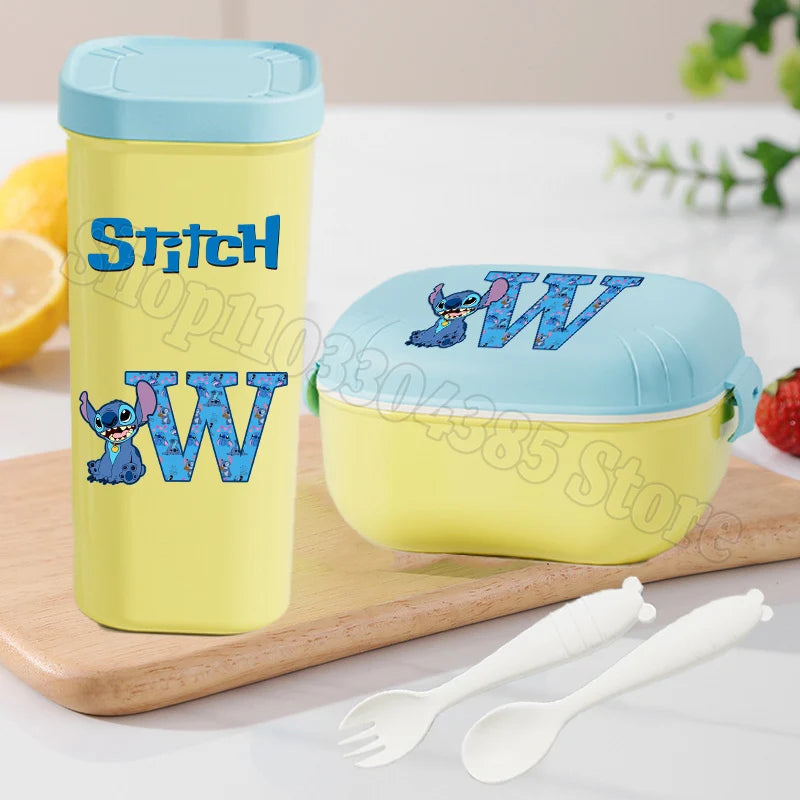 Stitch Lunch Box Water Cup Spoon Fork Set Disney Cute Letter A-Z Food Containers Bottle Tableware Kids School Bento Cases Gift