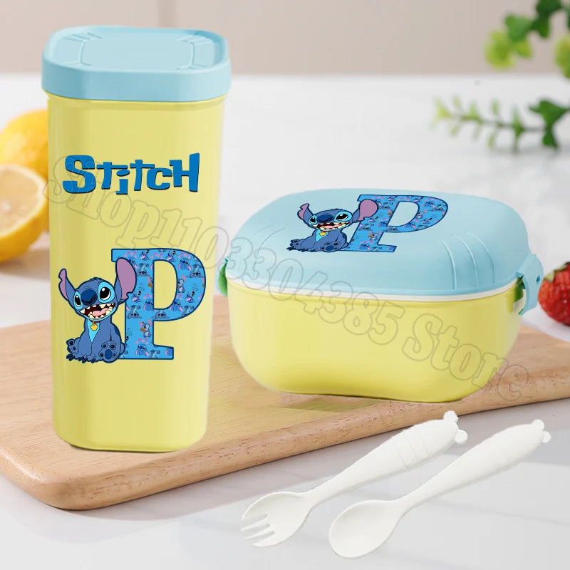 Stitch Lunch Box Water Cup Spoon Fork Set Disney Cute Letter A-Z Food Containers Bottle Tableware Kids School Bento Cases Gift