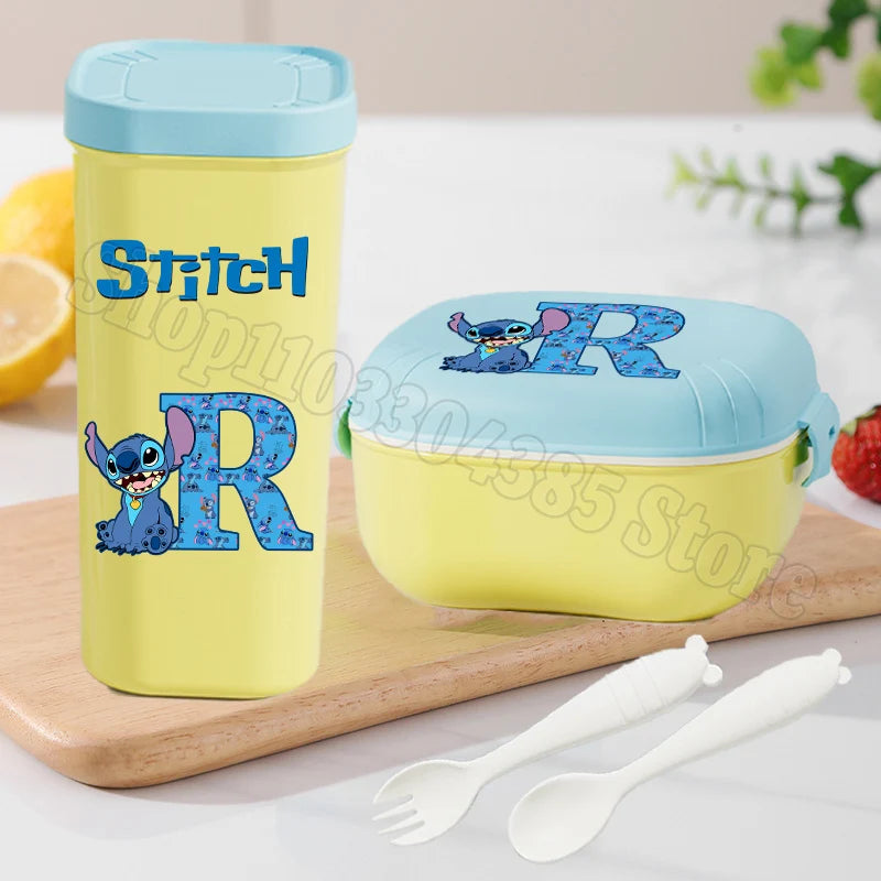 Stitch Lunch Box Water Cup Spoon Fork Set Disney Cute Letter A-Z Food Containers Bottle Tableware Kids School Bento Cases Gift