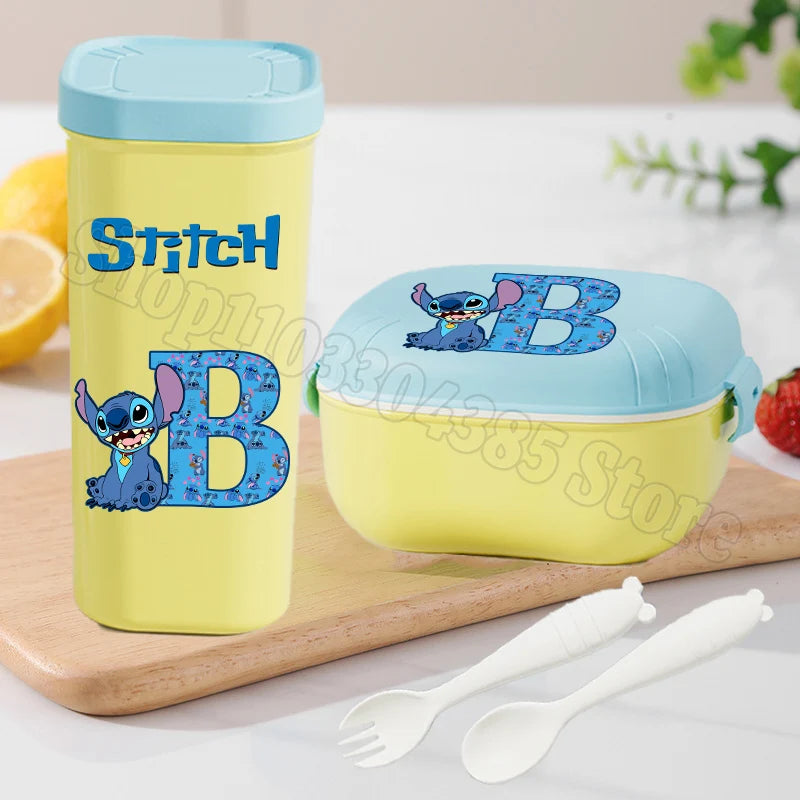 Stitch Lunch Box Water Cup Spoon Fork Set Disney Cute Letter A-Z Food Containers Bottle Tableware Kids School Bento Cases Gift