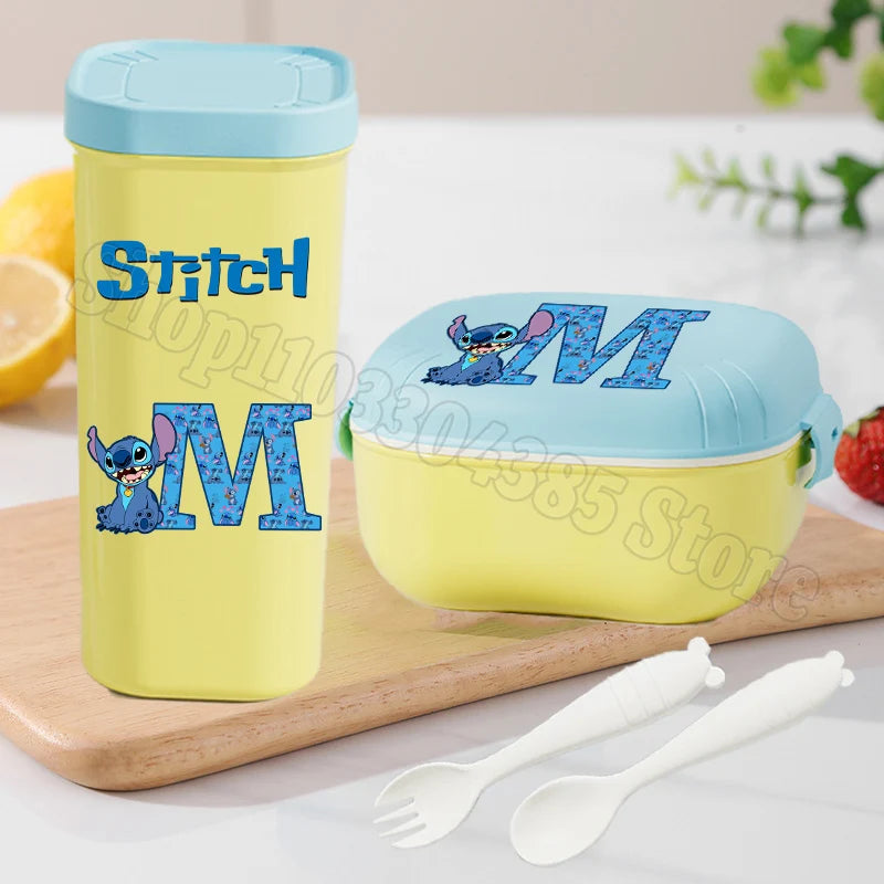Stitch Lunch Box Water Cup Spoon Fork Set Disney Cute Letter A-Z Food Containers Bottle Tableware Kids School Bento Cases Gift