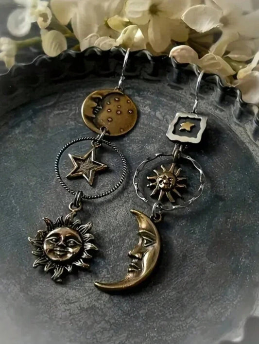 Retro Moon & Sun Long Pendant Earrings