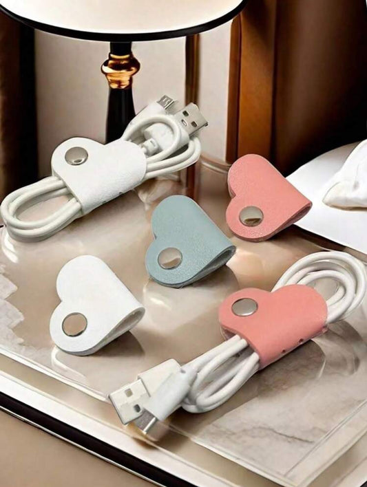 Heart-Shaped Leather Cable Organizer - 5 pcs/pack assorted colors