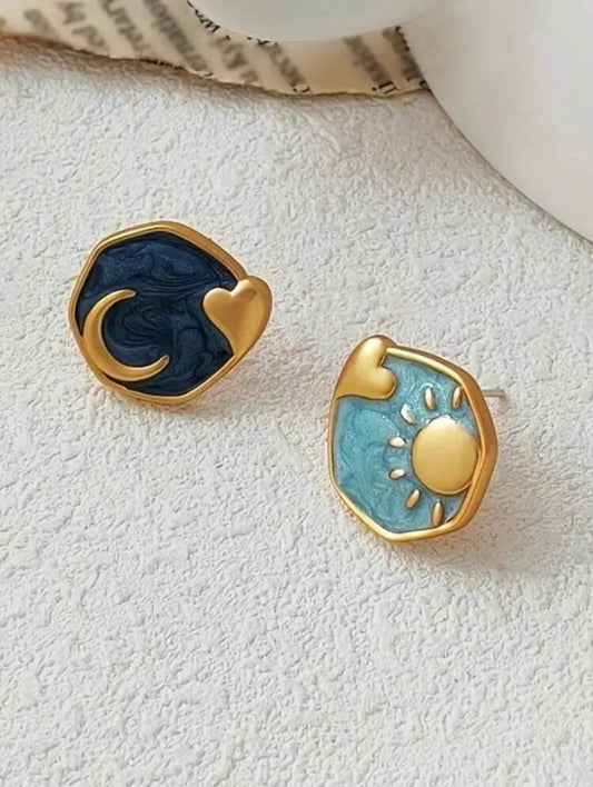 Vintage Drip Oil Blue Star Moon Sun Bohemian Personality Earrings