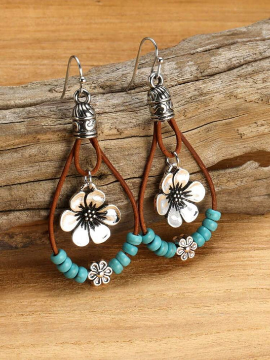 Bohemian Style Alloy Plum Blossom Pendant with Turquoise Beads, Double Layer Dangle Earrings, Vintage Fashionable Jewelry Gift for Women