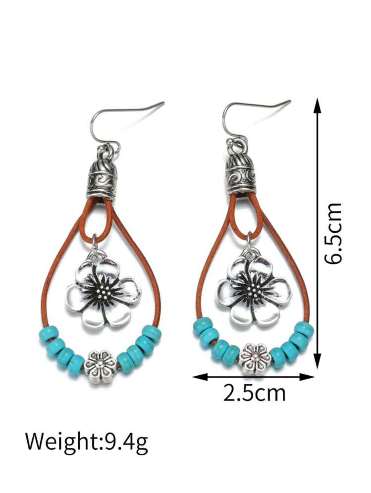 Bohemian Style Alloy Plum Blossom Pendant with Turquoise Beads, Double Layer Dangle Earrings, Vintage Fashionable Jewelry Gift for Women