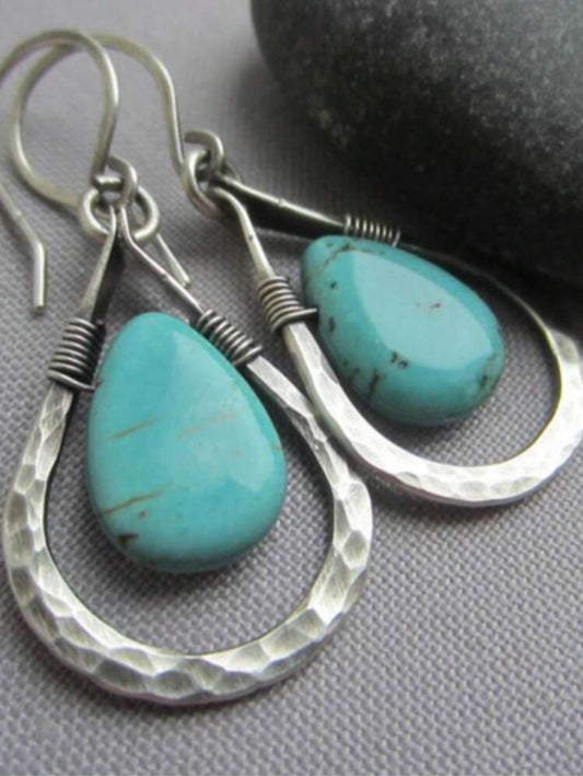 Retro Elegant Natural Turquoise Teardrop Shape Earrings - 1 pair