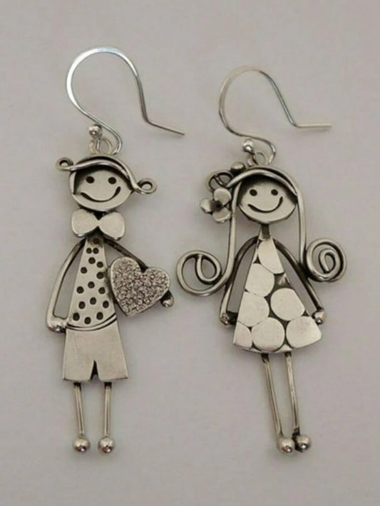 Tiny Happy Boy and Girl Dangling Earrings - Silvery Color