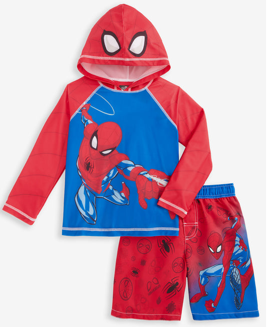 Spider-Man Little Boys Hooded Rashguard and Swim Trunks 2-Piece Swimsuit