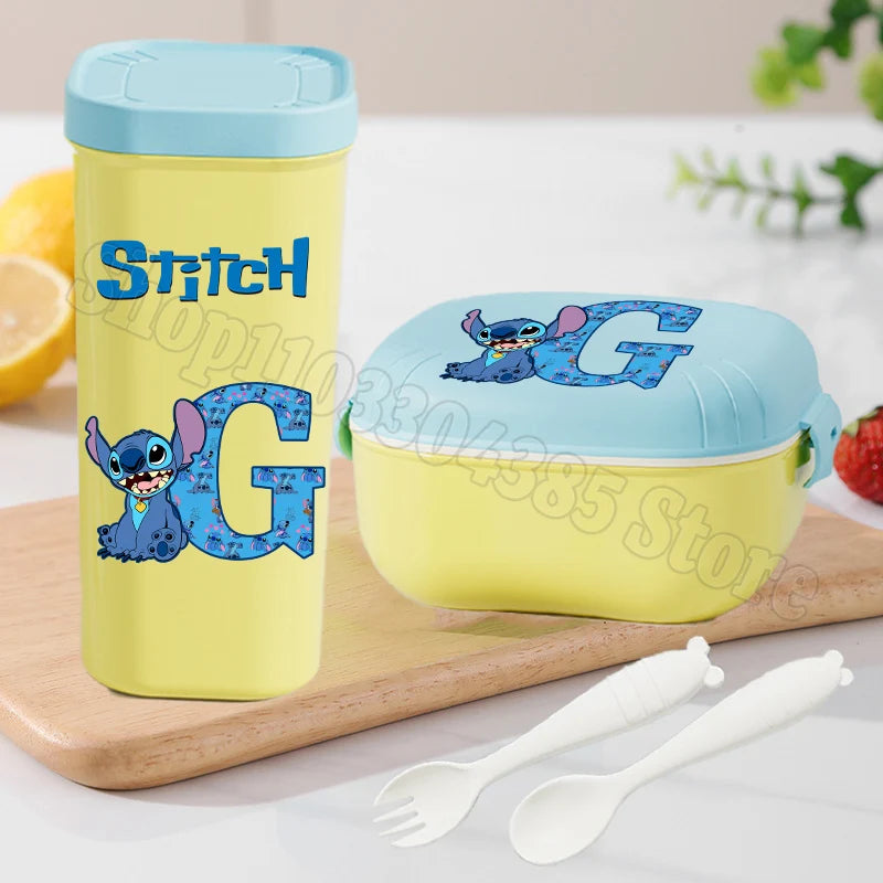 Stitch Lunch Box Water Cup Spoon Fork Set Disney Cute Letter A-Z Food Containers Bottle Tableware Kids School Bento Cases Gift