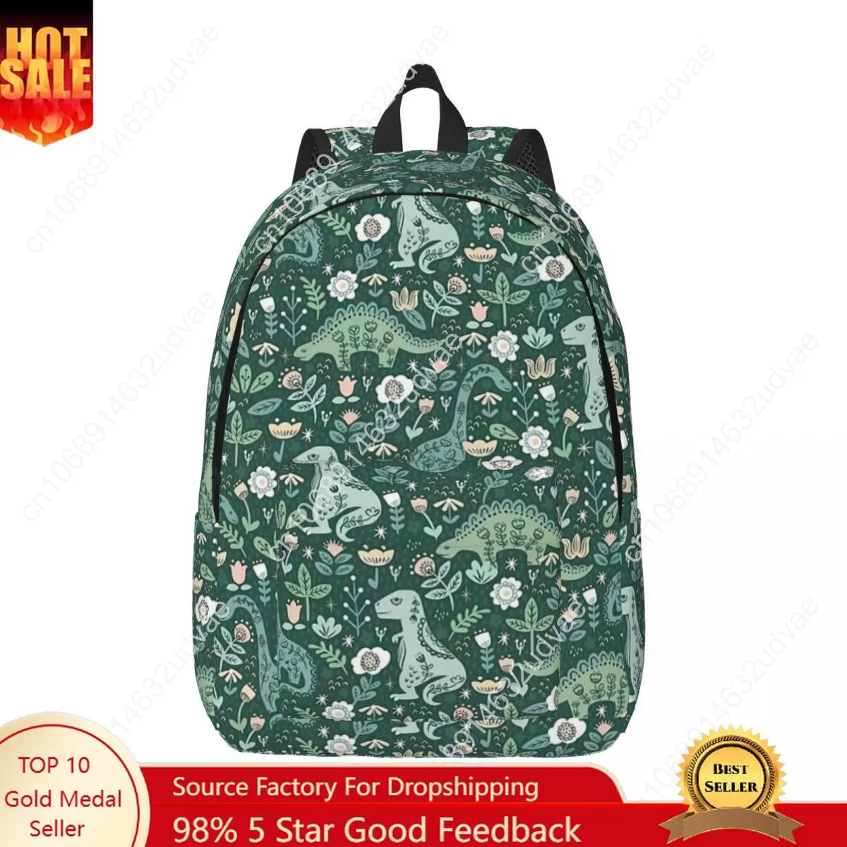 Green Floral Dinosaur Canvas Backpack