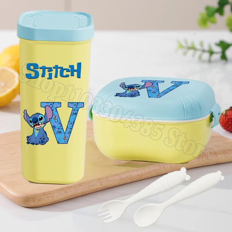 Stitch Lunch Box Water Cup Spoon Fork Set Disney Cute Letter A-Z Food Containers Bottle Tableware Kids School Bento Cases Gift
