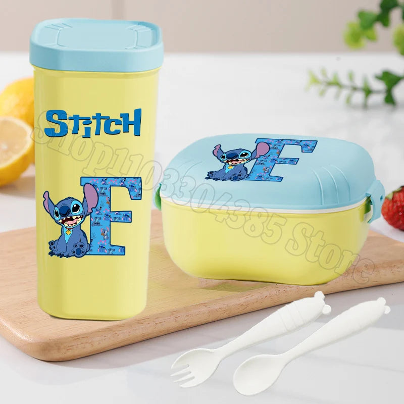 Stitch Lunch Box Water Cup Spoon Fork Set Disney Cute Letter A-Z Food Containers Bottle Tableware Kids School Bento Cases Gift