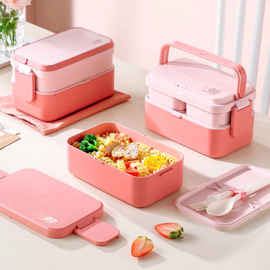 Bamboo Fiber 3in1 Double Layer Bento Microwaveable with Spoon and Fork Lunch Box