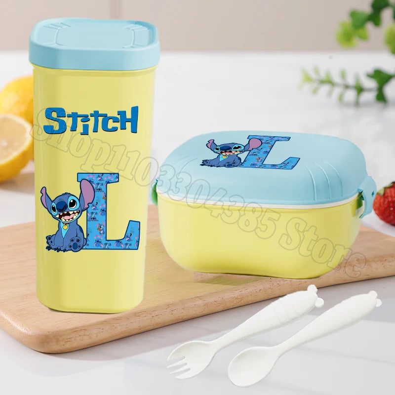 Stitch Lunch Box Water Cup Spoon Fork Set Disney Cute Letter A-Z Food Containers Bottle Tableware Kids School Bento Cases Gift